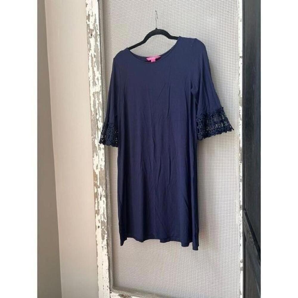 Lilly Pulitzer Ophelia Dress True Navy Flutter Bell Crochet Lace Sleeve Women L